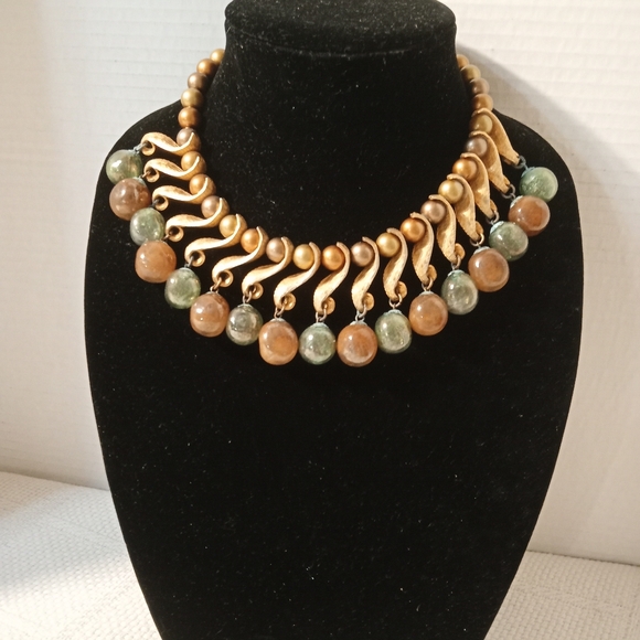 Vintage Statement Necklace With Recycled Glass Ball with Gold Tone Beads (RARE)